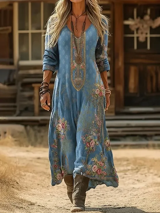 Women Geometric Spring/Fall
                                    Dress V Neck Long Sleeve O-Line
                                    Dress