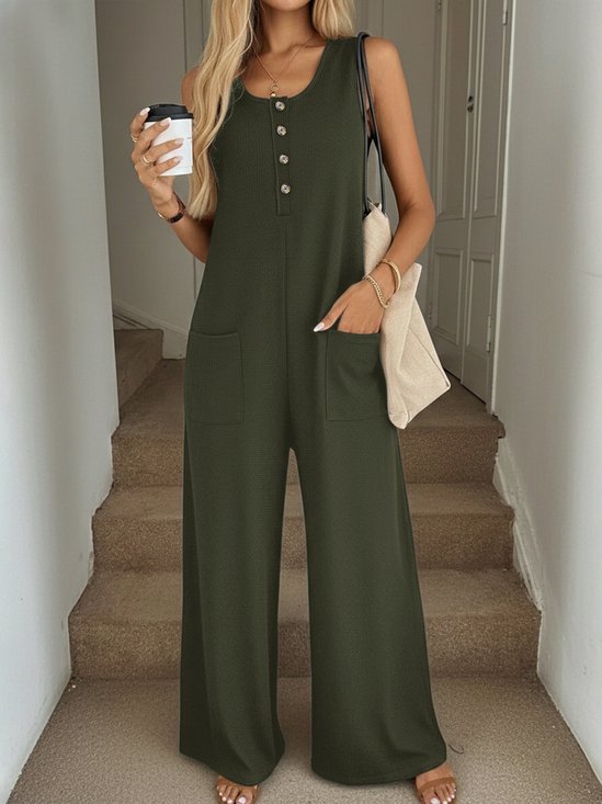 Women Plain U-Neck Sleeveless Casual Summer Jumpsuit