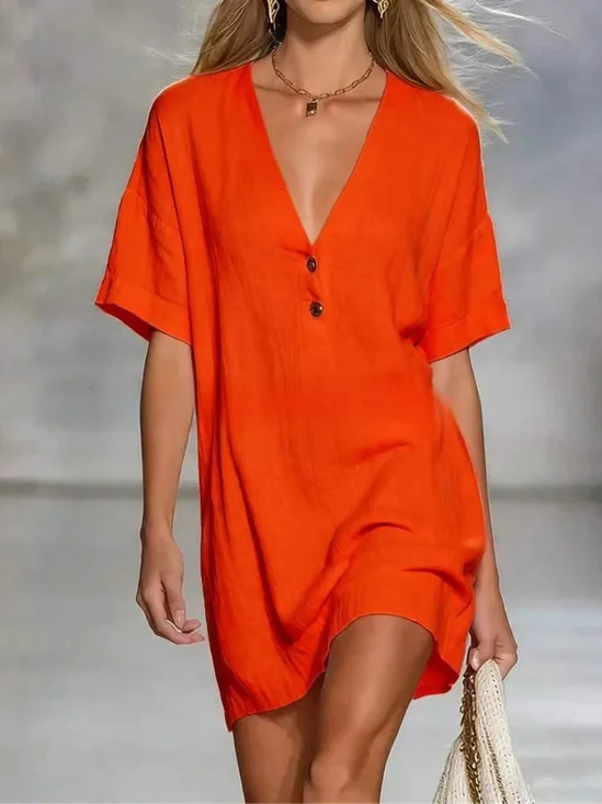 Women Plain Summer Dress V Neck Short Sleeve T-Shirt Dress H-Line Dress