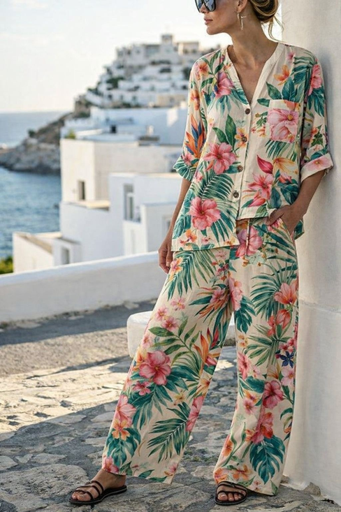 Women Tropical Two-Piece Set Daily Half Sleeve Vintage Summer Top With Pants Matching Set