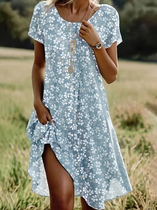 Women Floral Summer Dress Crew Neck Short Sleeve Tunic H-Line Dress