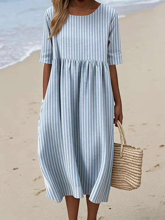 Women Striped Summer Dress Crew
                                    Neck Half Sleeve A-Line Dress