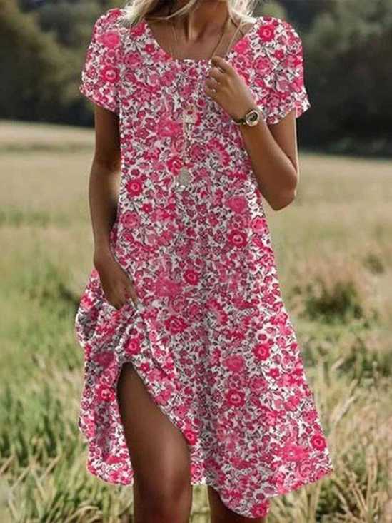 Women Floral Summer Dress Crew Neck Short Sleeve Tunic H-Line Dress