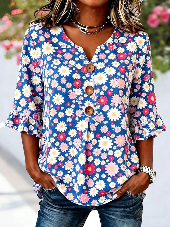V Neck Half Sleeve Floral Regular Regular Fit Blouse For Women