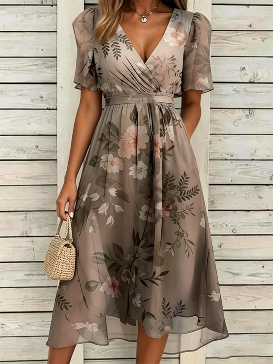 Women Floral Summer Dress V
                                    Neck Short Sleeve A-Line Dress