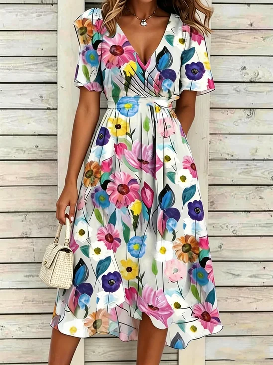 Women Floral Summer Dress V
                                    Neck Short Sleeve A-Line Dress