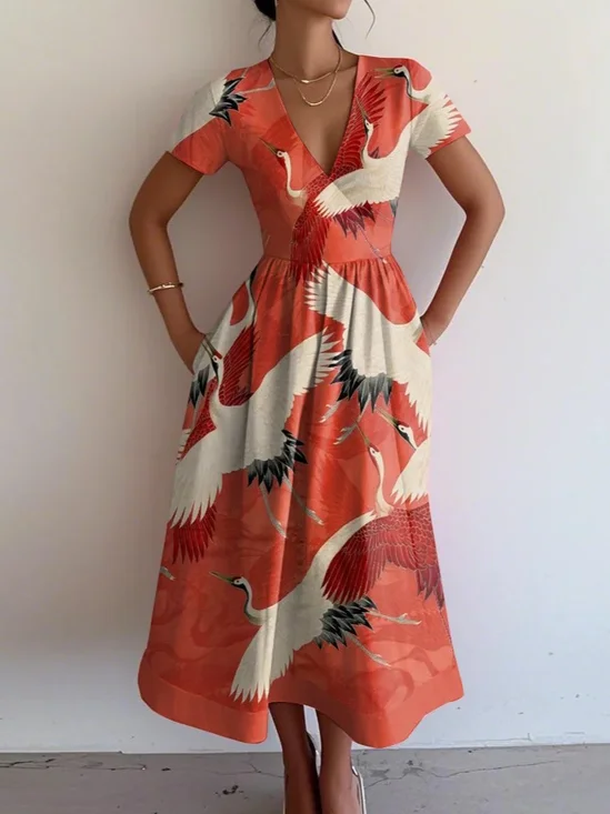 Women Animal Summer Dress V
                                    Neck Short Sleeve A-Line Dress