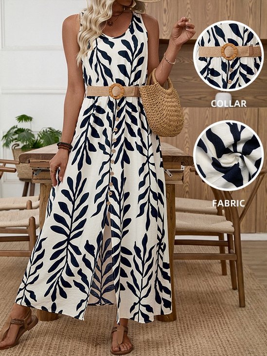 Women Leaf Summer Printing Dress Crew Neck Sleeveless Tank A-Line Dress