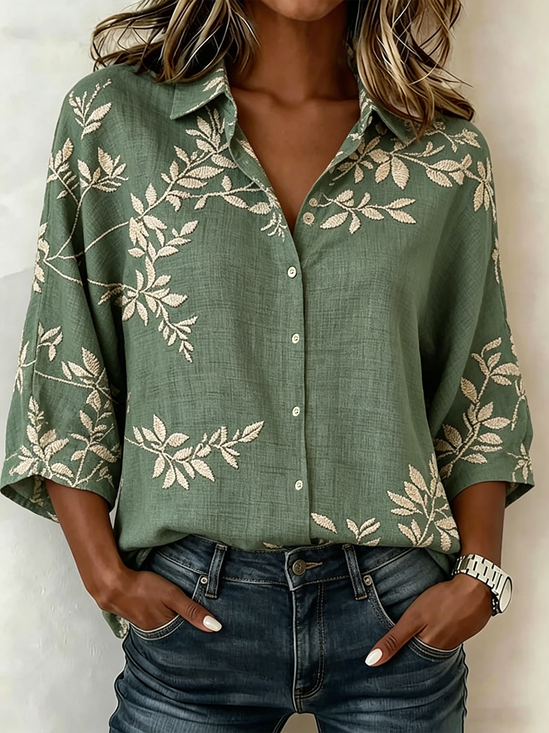 Shawl Collar Half Sleeve Botanical Pattern Lightweight Loose Blouse For Women
