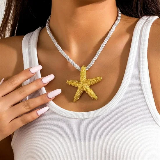 Summer Cyan Marine Life Going Out Beach Vacation Natural Starfish Shape Pendant Necklace