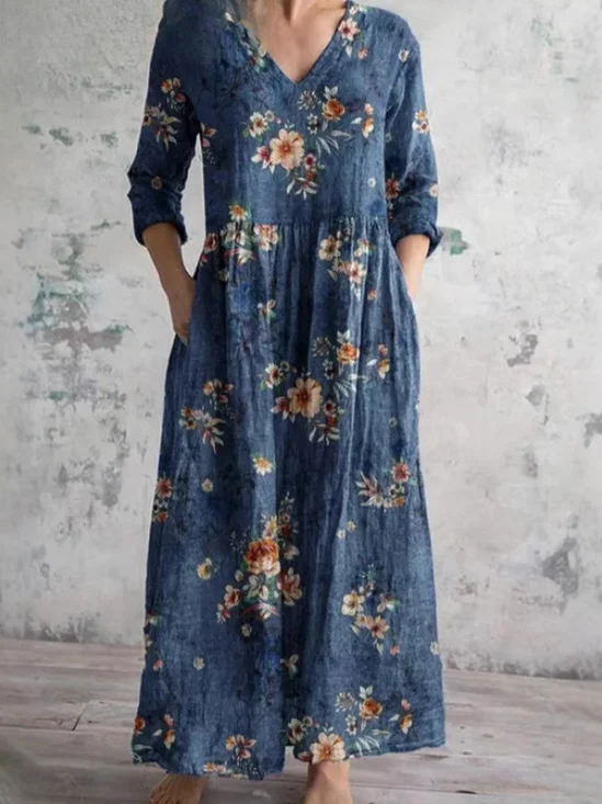Women Floral Spring/Fall Dress V Neck Long Sleeve T-Shirt Dress A-Line Dress