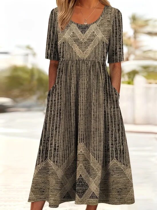 Women Abstract Summer Printing Dress Crew Neck Short Sleeve Shift Dress H-Line Dress