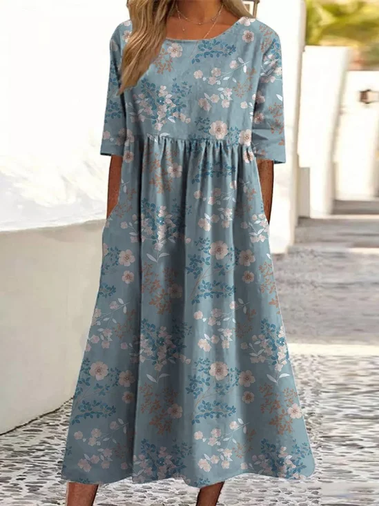 Women Floral Summer Dress Crew
                                    Neck Half Sleeve A-Line Dress