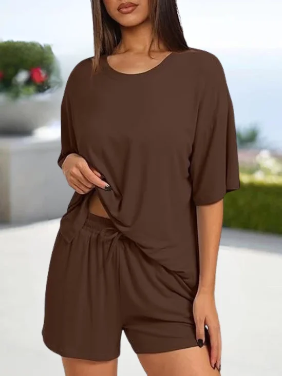 Women Plain Drawstring Two-Piece Set Daily Half Sleeve Casual Summer Top With Pants Matching Set