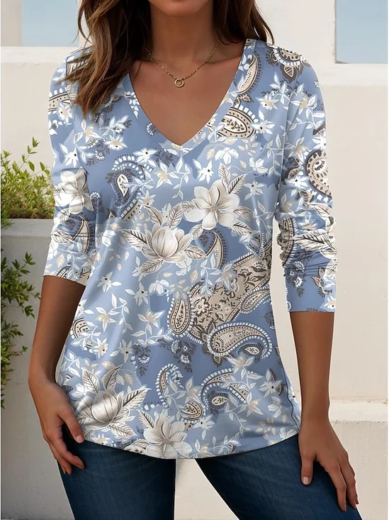 Casual Floral V Neck Long Sleeve T-shirt