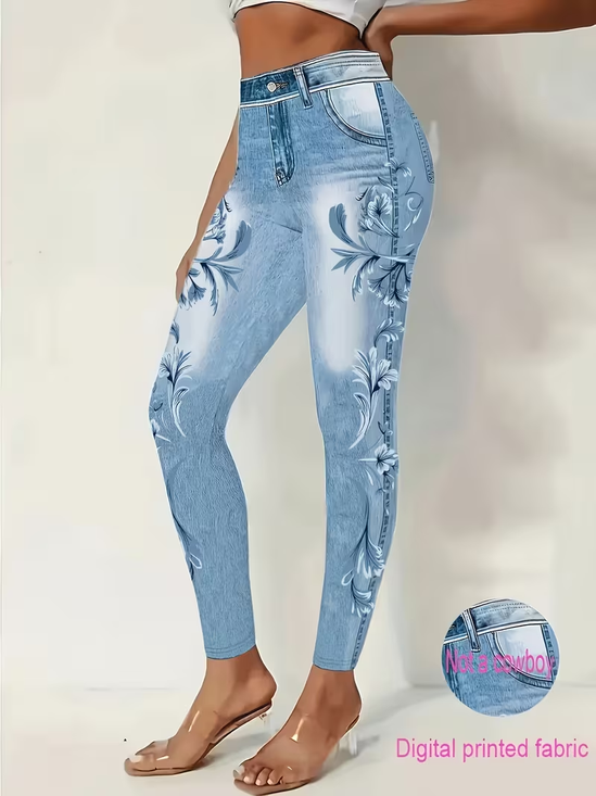 Women Faux Denim Print Graphic Casual All Season Ankle Pants Leggings