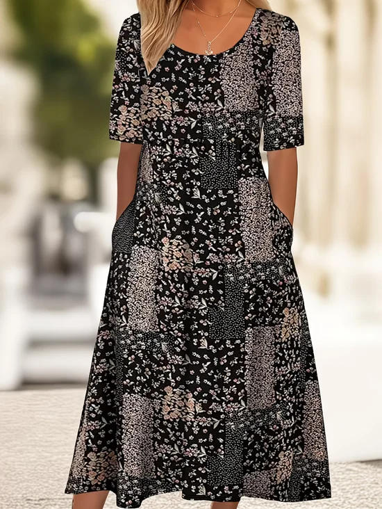 Women Floral Summer Printing Dress Crew Neck Short Sleeve Shift Dress H-Line Dress