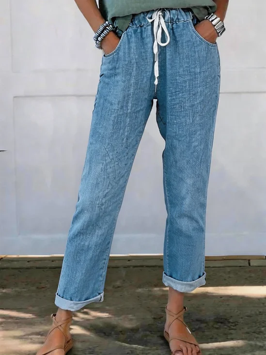 Women Faux Denim Print Graphic Long Pants Vintage Spring/Fall Trousers