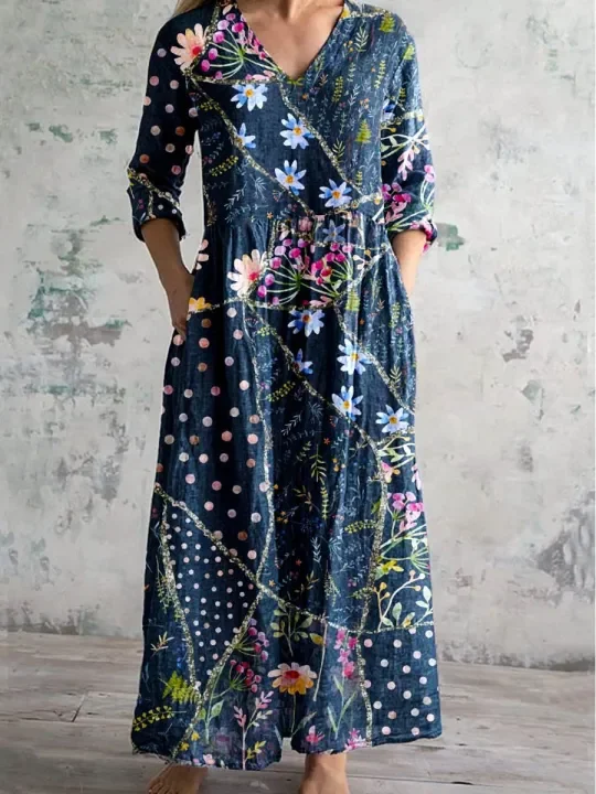 Women Floral Spring/Fall
                                        Dress V Neck Long Sleeve T-Shirt
                                        Dress A-Line Dress