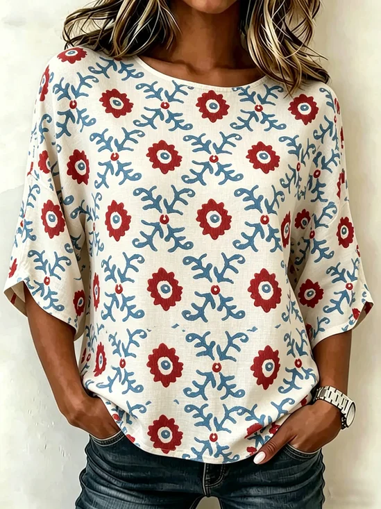 Crew Neck Half Sleeve Floral Regular Loose Blouse For Women