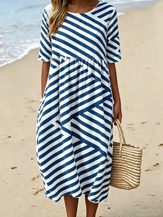 Women Striped Summer Dress Crew
                                    Neck Short Sleeve Fit & Flare
                                    Dress A-Line Dress