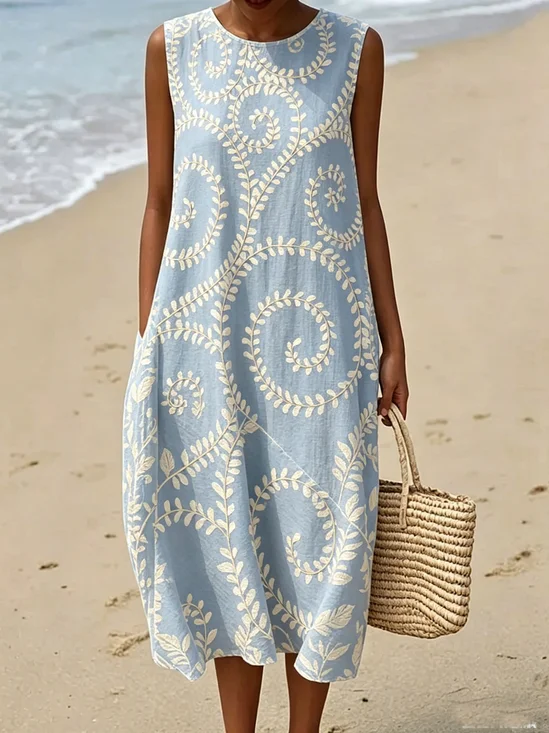 Women Floral Summer Dress Crew Neck Sleeveless Fit & Flare Dress A-Line Dress