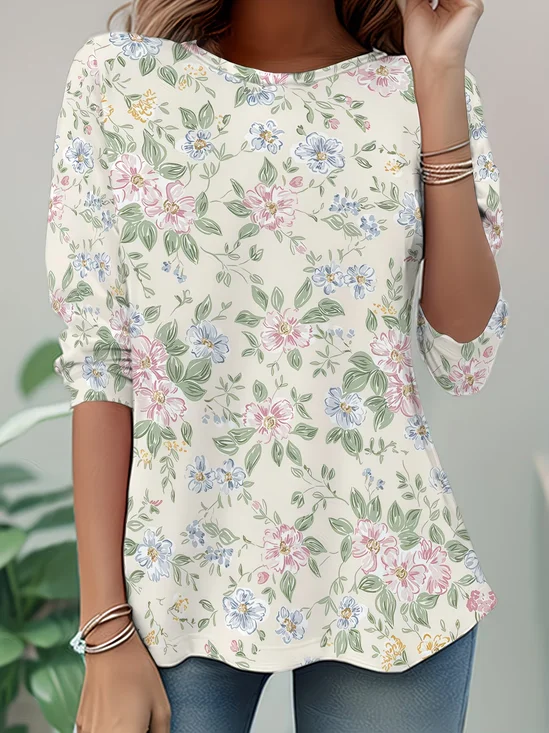 Casual Floral Crew Neck Long Sleeve T-shirt