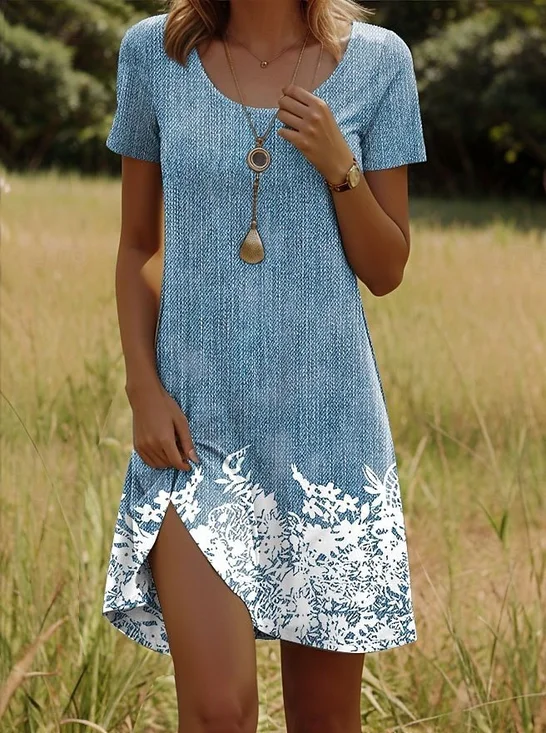 Women Floral Summer Dress Crew Neck Short Sleeve Fit & Flare Dress A-Line Dress
