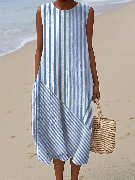 Women Striped Summer Dress Crew
                                    Neck Sleeveless Tank H-Line Dress