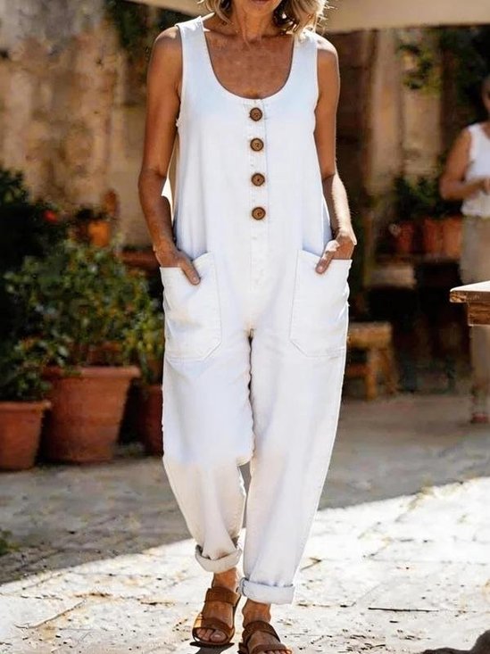 Women Plain Crew Neck Sleeveless Vintage Summer Cotton And Linen Jumpsuit