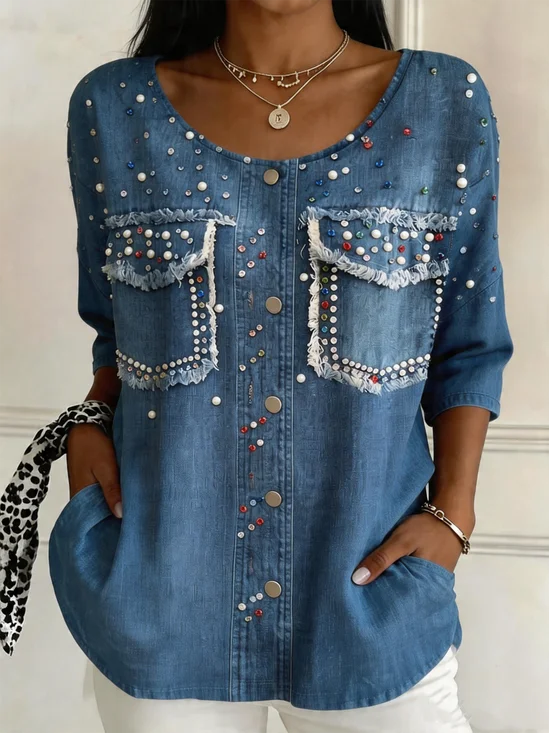 Crew Neck Half Sleeve Faux Denim Print Graphic Lightweight Loose Shirt For Women