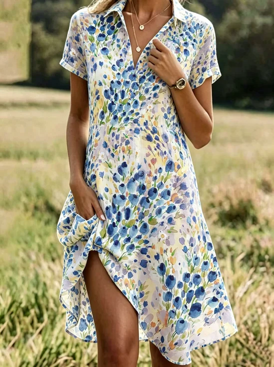 Women Floral Summer Dress Shirt
                                    Collar Short Sleeve A-Line Dress