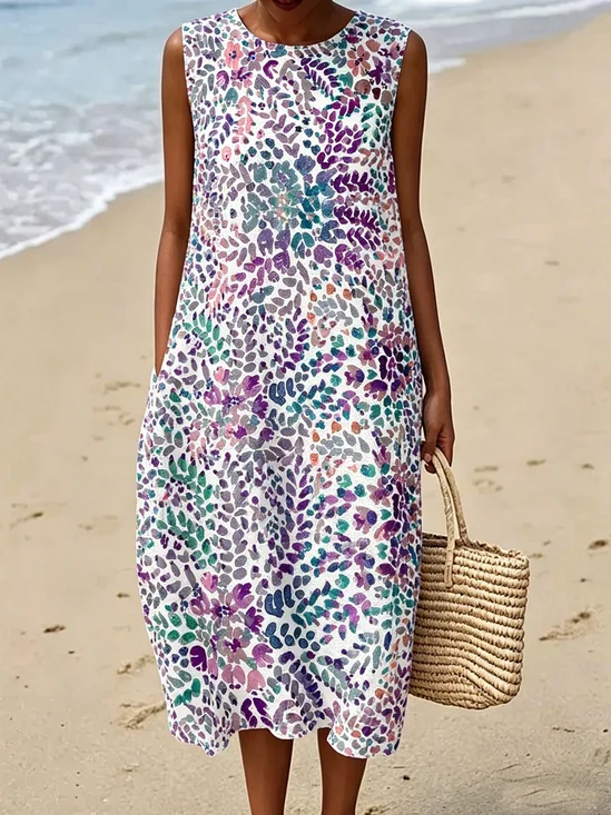 Women Floral Summer Dress Crew Neck Sleeveless Fit & Flare Dress A-Line Dress