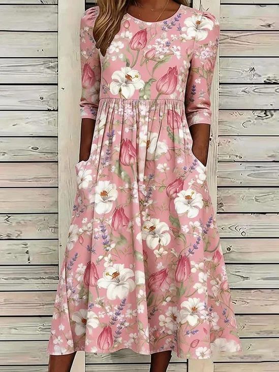 Women Floral Summer Dress Crew
                                    Neck Half Sleeve A-Line Dress