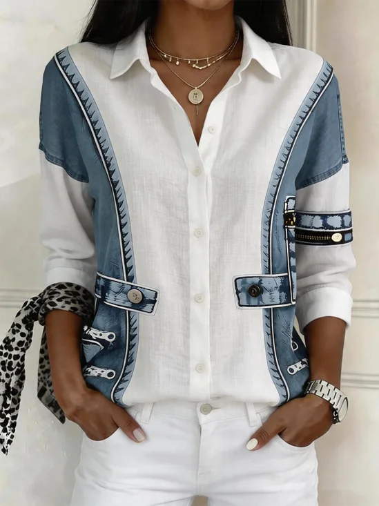 Shirt Collar Long Sleeve Faux Denim Print Graphic Regular Loose Shirt For Women