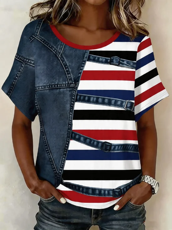 Vintage Striped Crew Neck Short Sleeve T-shirt