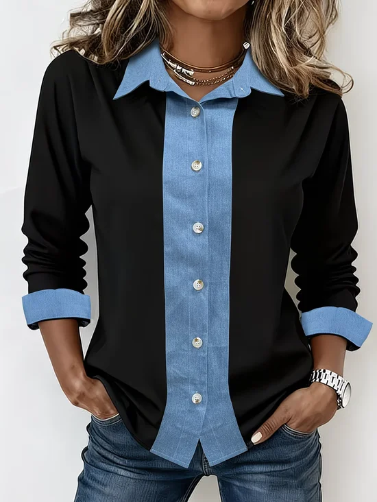 Shirt Collar Long Sleeve Multicolor Block Regular Loose Shirt For Women