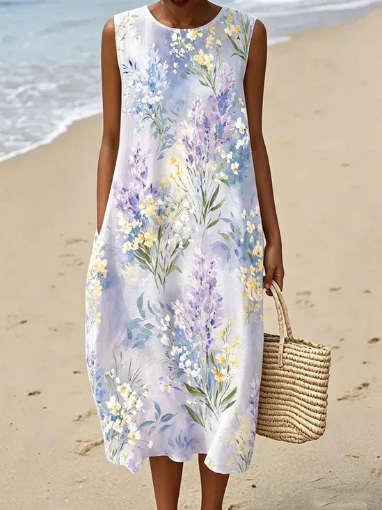 Women Floral Summer Dress Crew Neck Sleeveless Fit & Flare Dress A-Line Dress