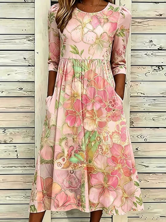 Women Floral Summer Dress Crew
                                    Neck Half Sleeve A-Line Dress