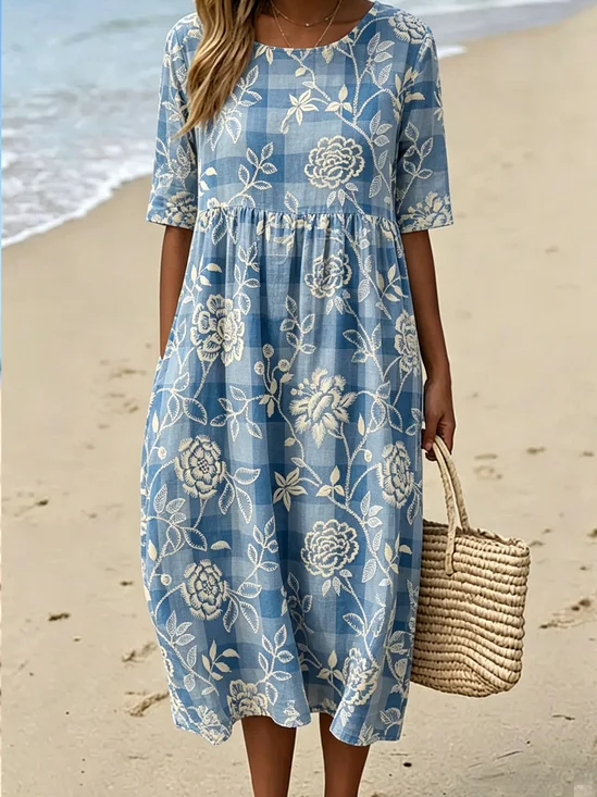 Women Floral Summer Dress Crew
                                    Neck Short Sleeve Fit & Flare
                                    Dress A-Line Dress