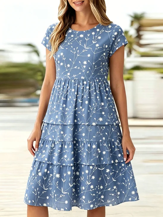 Women Floral Summer Dress Crew Neck Cap Sleeve Fit & Flare Dress A-Line Dress