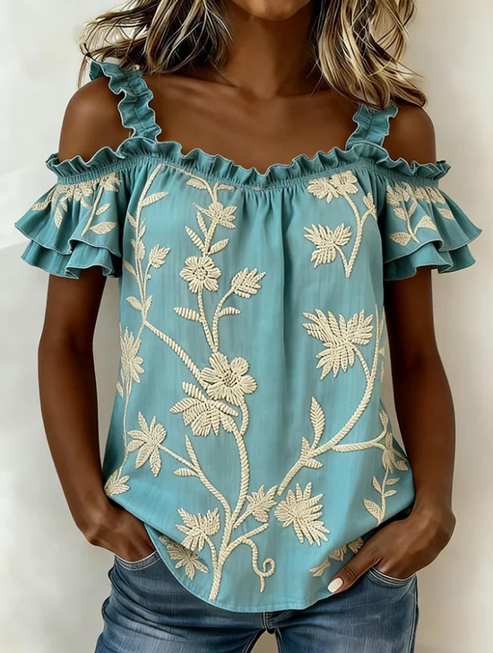Off The Shoulder Short Sleeve Floral Regular Loose Blouse For Women