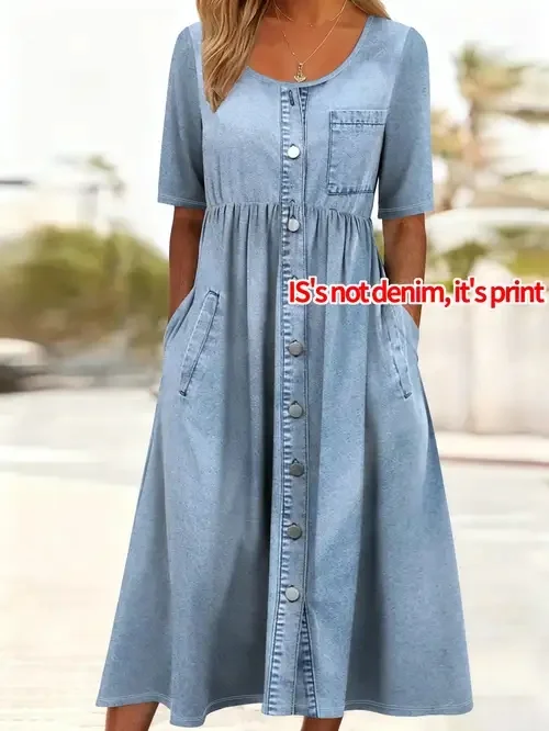 Women Faux Denim Print Graphic Summer Dress Crew Neck Half Sleeve A-Line Dress