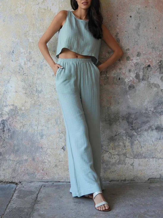 Women Plain Split Joint Two-Piece Set Daily Sleeveless Casual Summer Top With Pants Matching Set