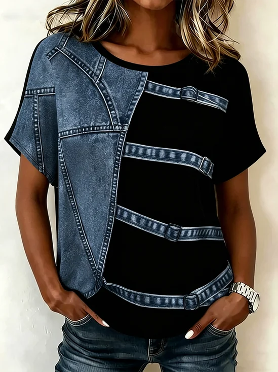 Vintage Faux Denim Print Graphic Crew Neck Short Sleeve T-shirt