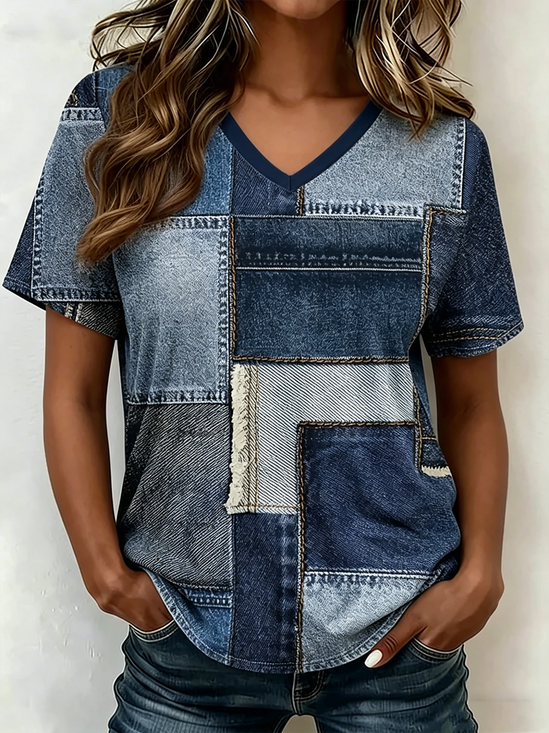 Vintage Faux Denim Print Graphic V Neck Short Sleeve T-shirt