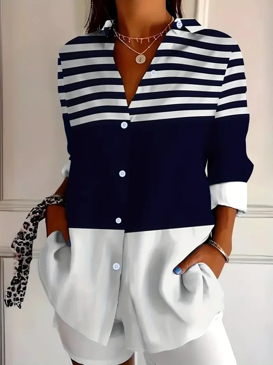Shirt Collar Long Sleeve Striped Regular Loose Shirt For Women
