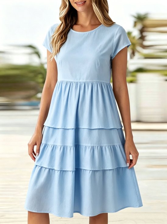 Women Plain Summer Dress Crew Neck Cap Sleeve Fit & Flare Dress A-Line Dress