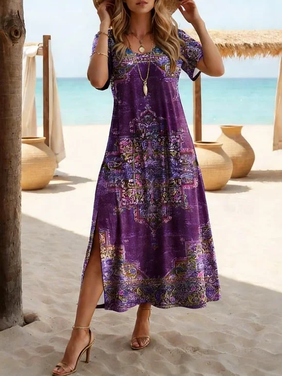 Women Abstract Summer Printing Dress Crew Neck Short Sleeve T-Shirt Dress H-Line Dress