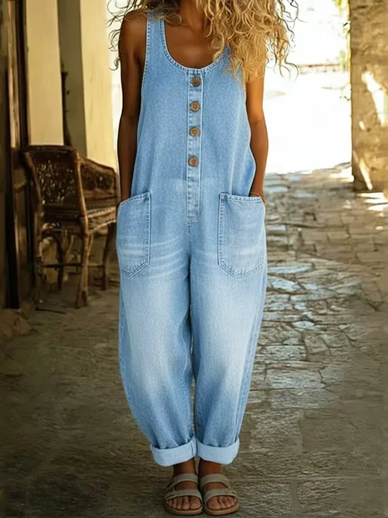 Women Plain Crew Neck Sleeveless Vintage Summer Cotton And Linen Jumpsuit